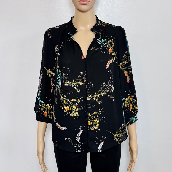 Worthington Petite Black Floral Pullover Blouse 3/4 Sleeve Stand-up Collar, M - Picture 1 of 14